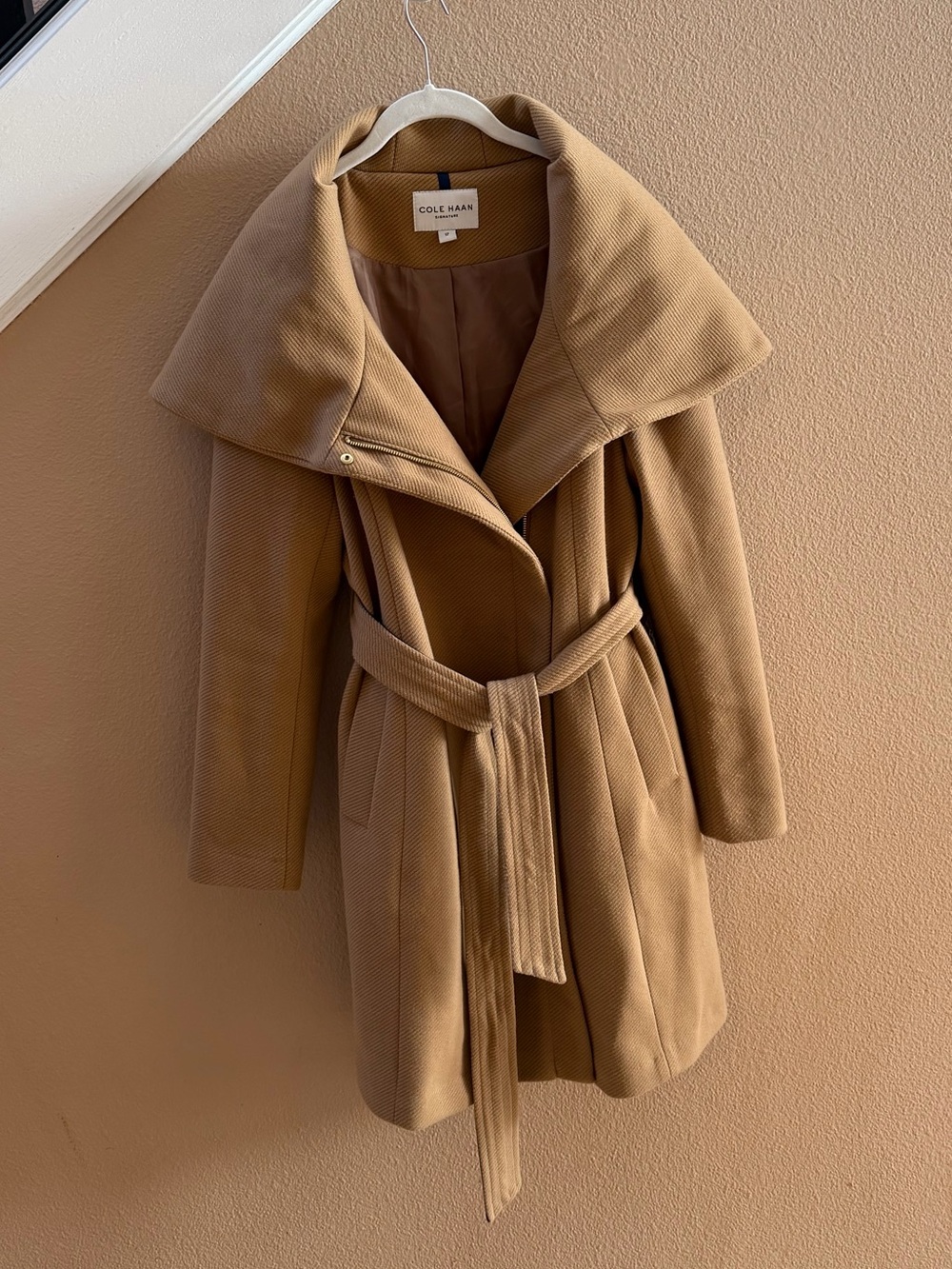 Cole Haan Camel Belted Shawl Collar Coat